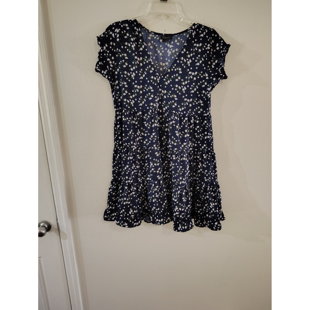 Style House Navy Blue Floral Tiered Mini Dress V-Neck Ruffle Sleeve Babydoll M